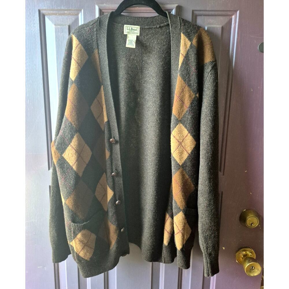 Vintage L.L. Bean argyle‎ wool cardigan sweater mens size large unisex HTF!